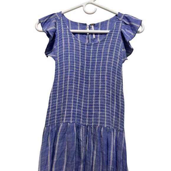 Free People Chambray Striped Dress Medium Pastel Blue Smocked Waist Ruffle Boho - Picture 8 of 16